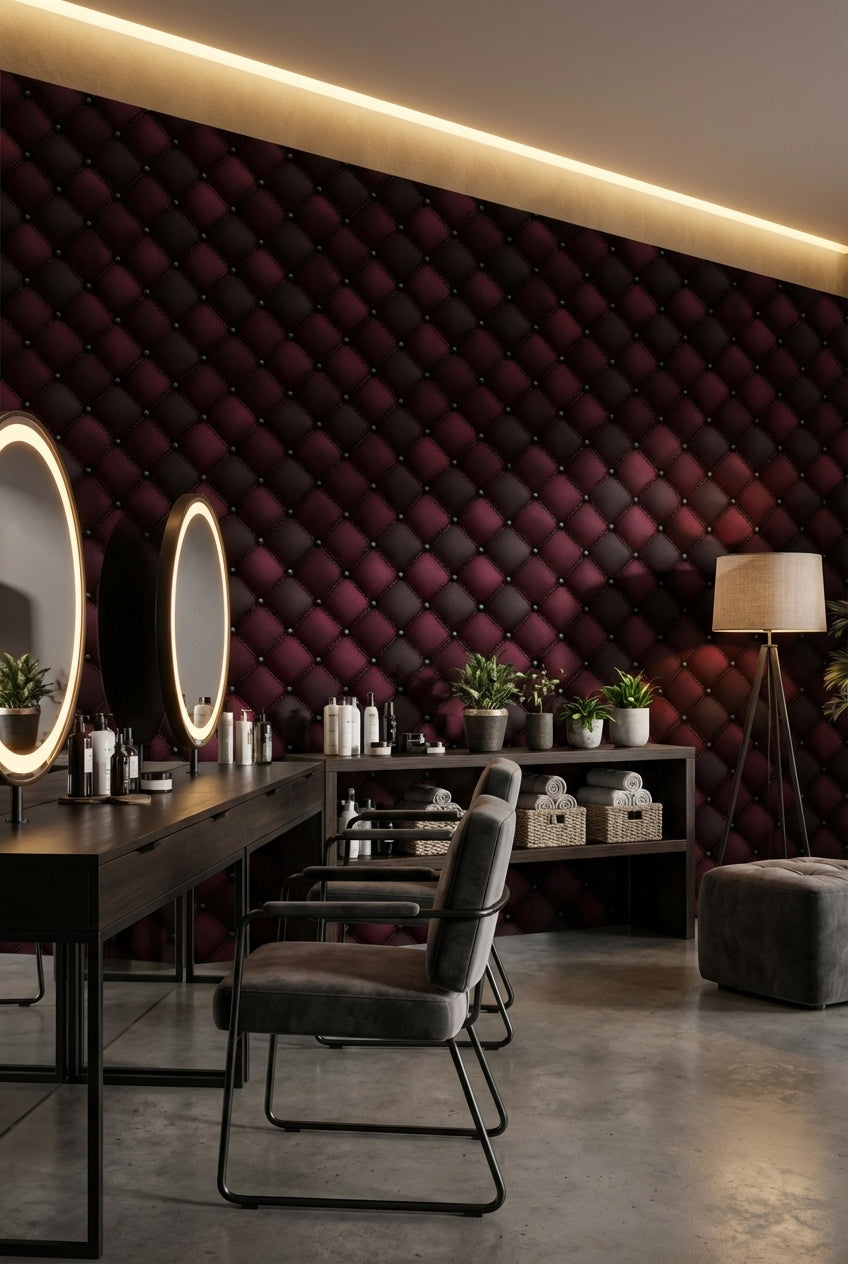 Kapitoneli Deri Görünümlü Duvar Kağıdı Bordo Siyah Salon