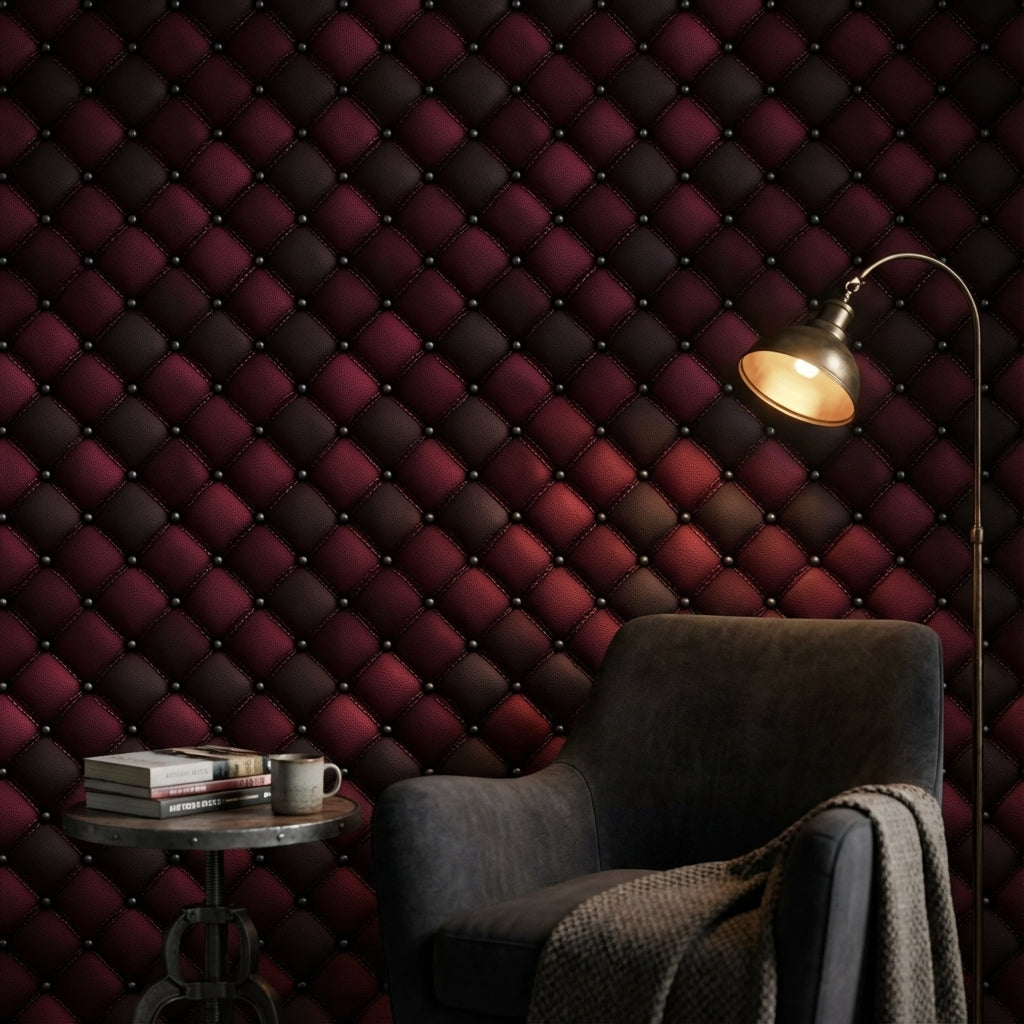 Kapitoneli Deri Görünümlü Duvar Kağıdı Bordo Siyah Salon