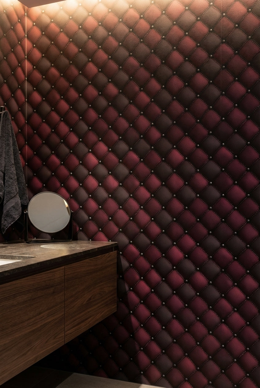 Kapitoneli Deri Görünümlü Duvar Kağıdı Bordo Siyah Salon