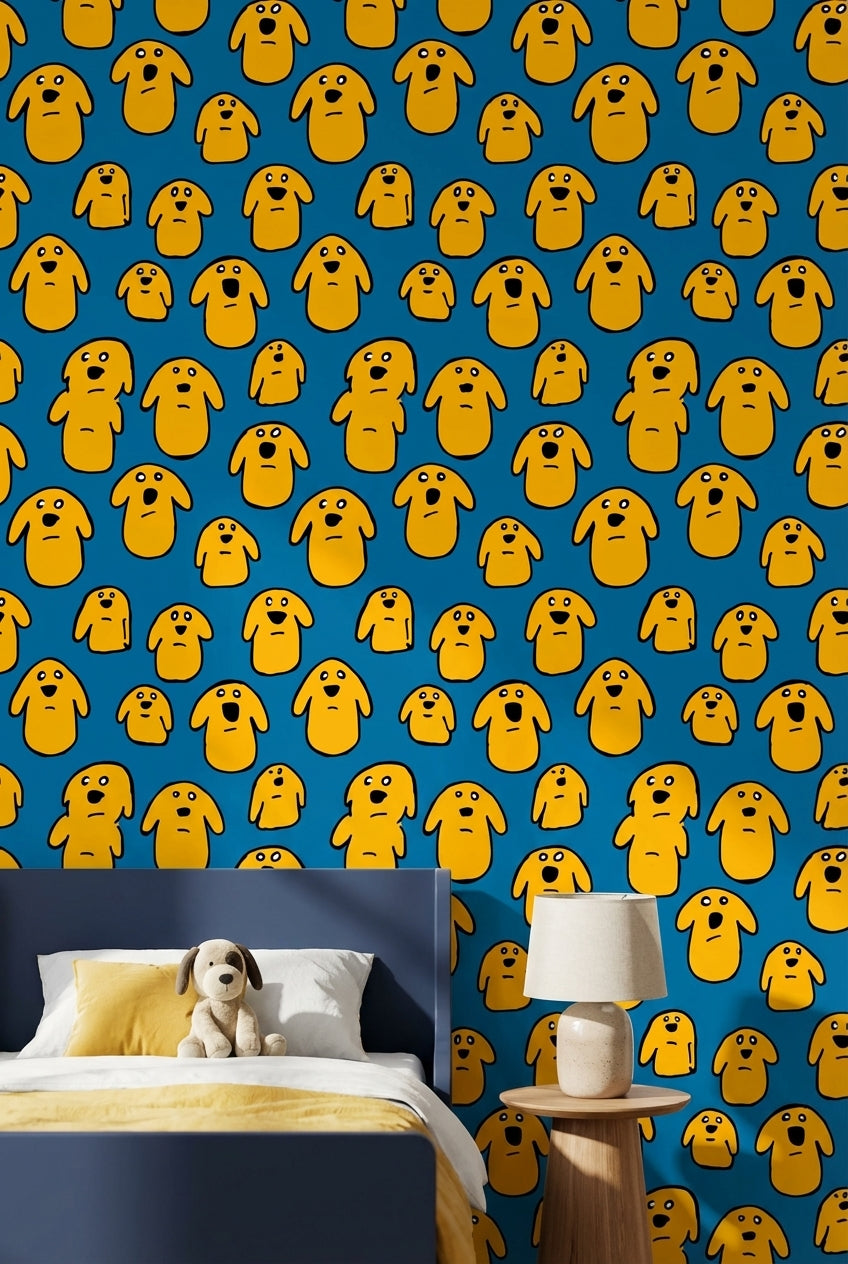 Sarı Köpek Desenli Duvar Kağıdı Mavi Fon Genç Odası
