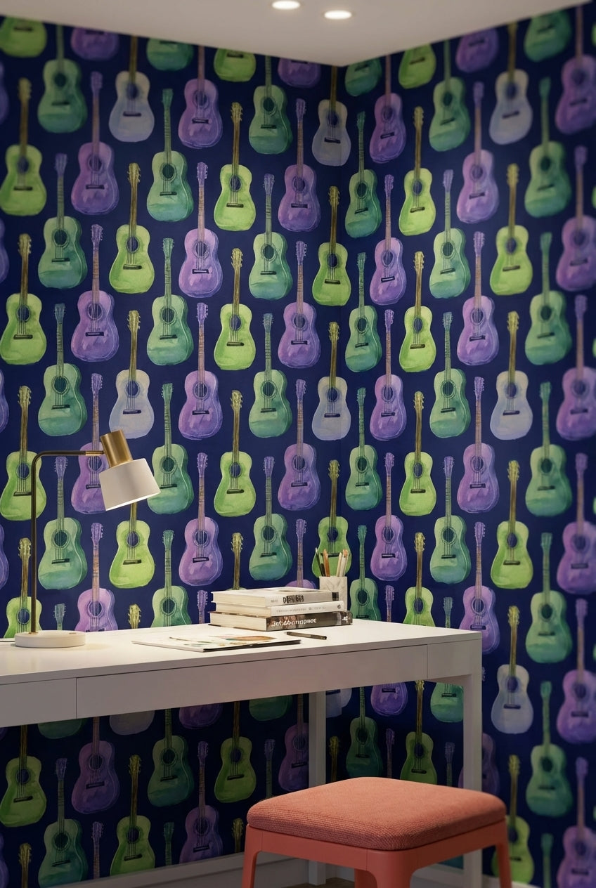 Renkli Gitar Desenli Duvar Kağıdı Lacivert Fon Modern