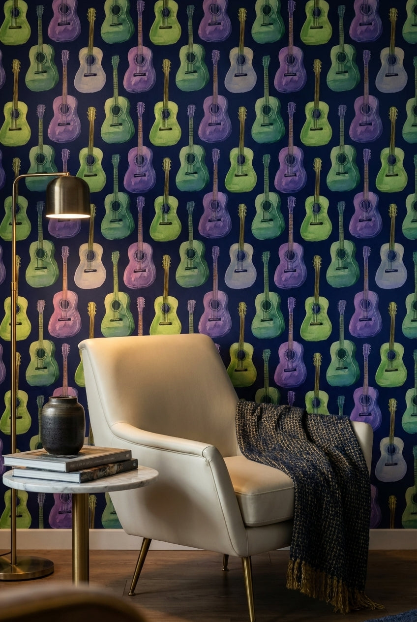 Renkli Gitar Desenli Duvar Kağıdı Lacivert Fon Modern
