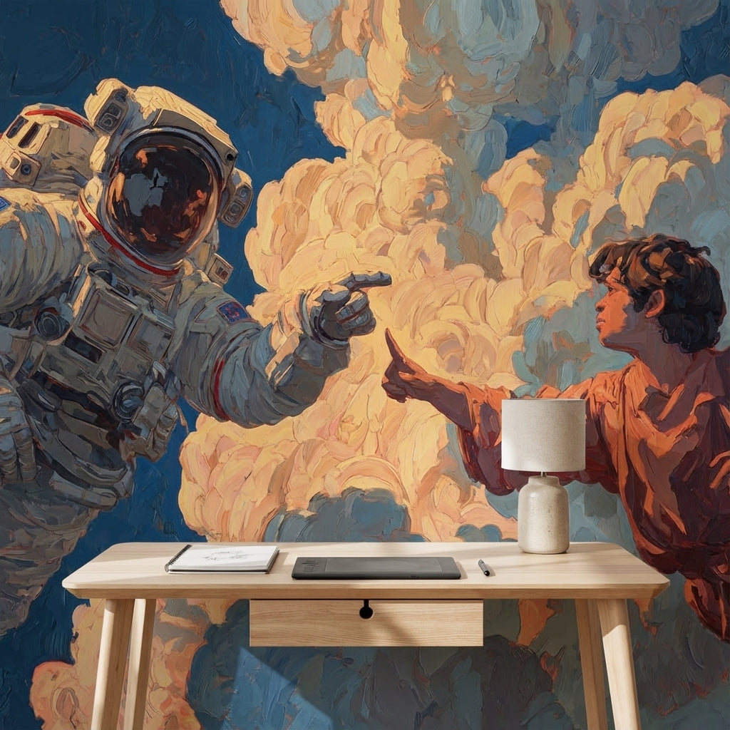 Astronot ve Figürlü Poster Duvar Kağıdı Mavi Bulutlu Salon