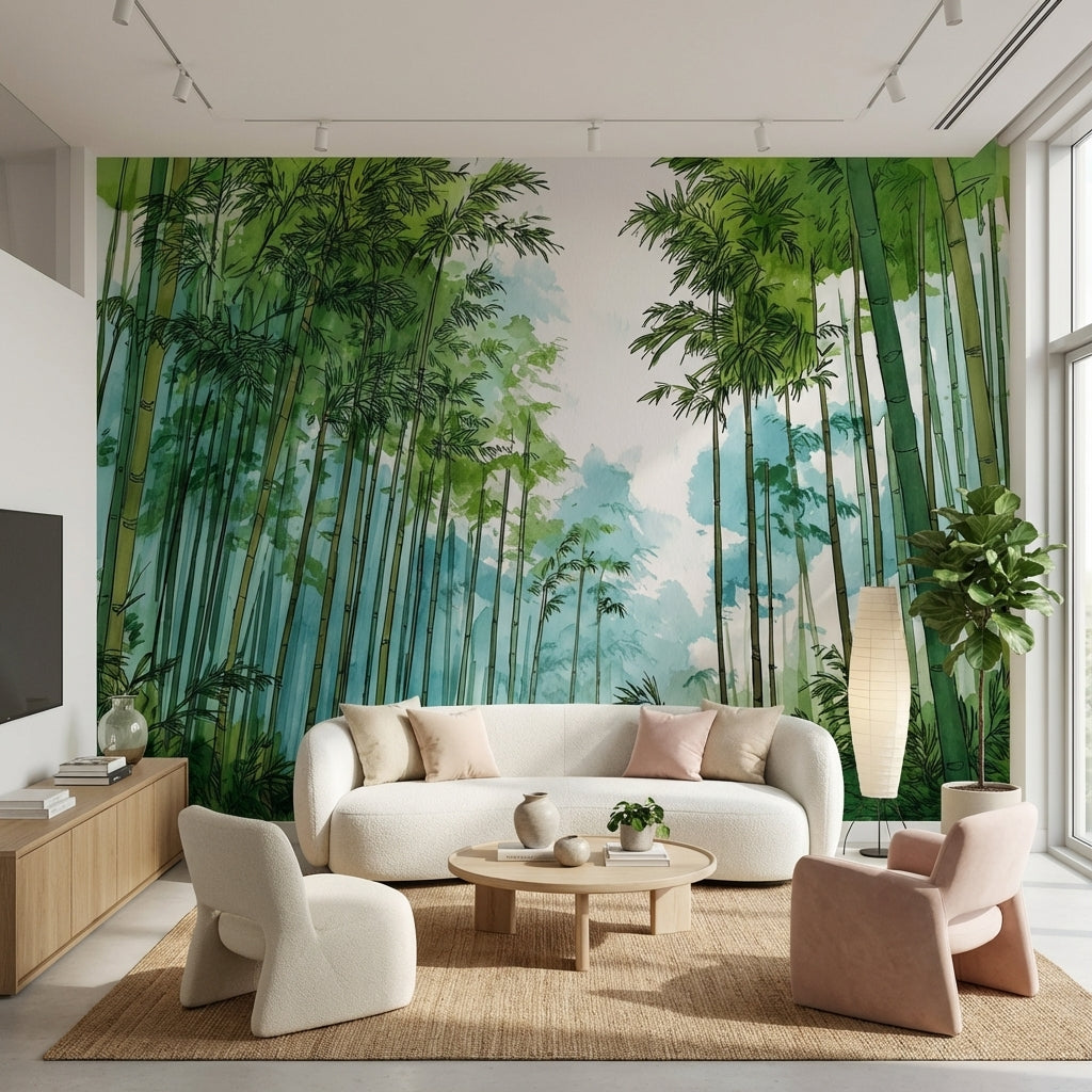 Bambu Ormanı Poster Duvar Kağıdı Sulu Boya Yeşil Duvar