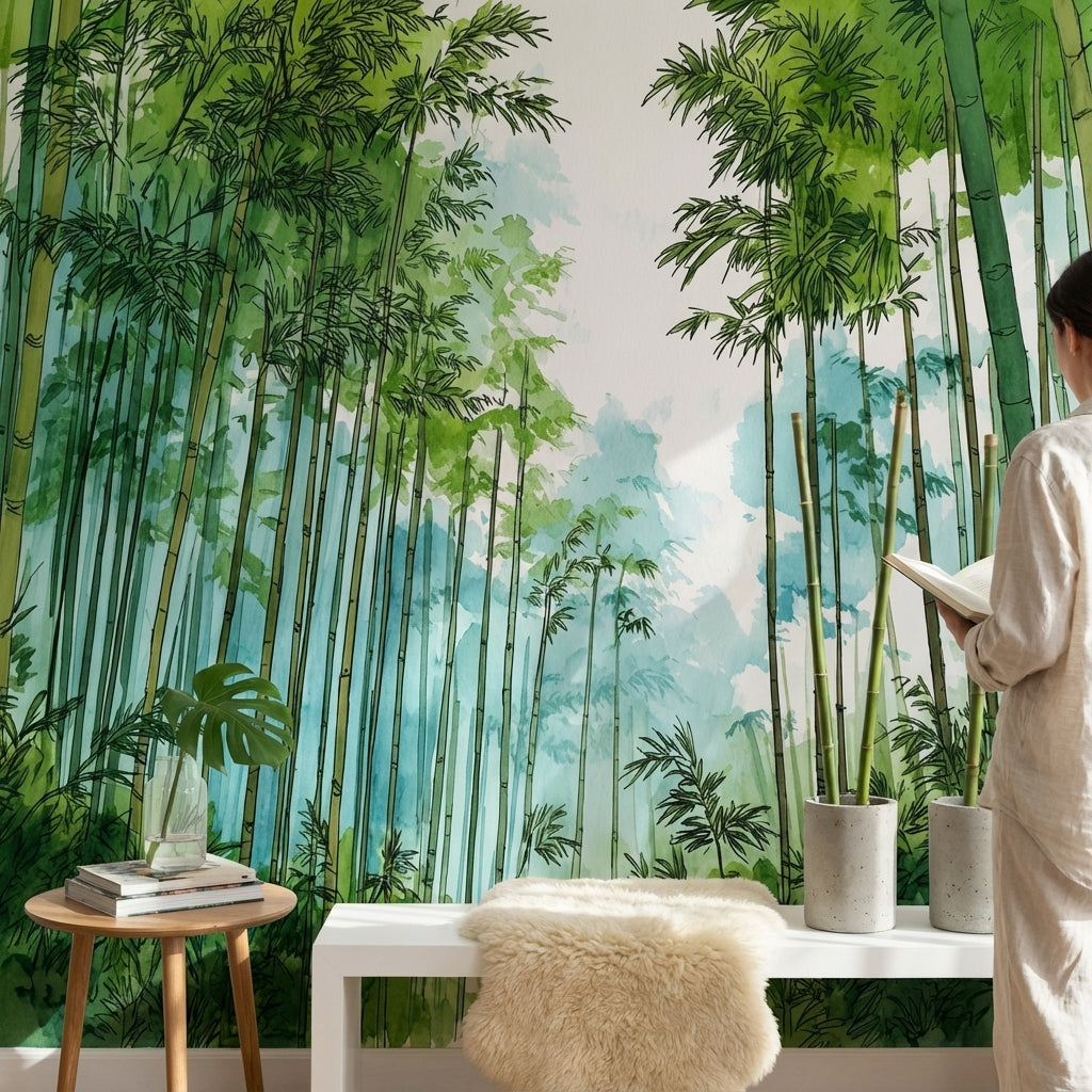 Bambu Ormanı Poster Duvar Kağıdı Sulu Boya Yeşil Duvar