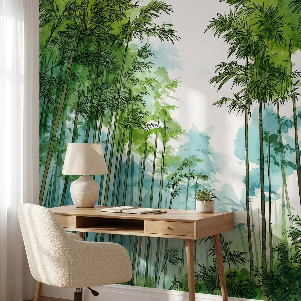 Bambu Ormanı Poster Duvar Kağıdı Sulu Boya Yeşil Duvar
