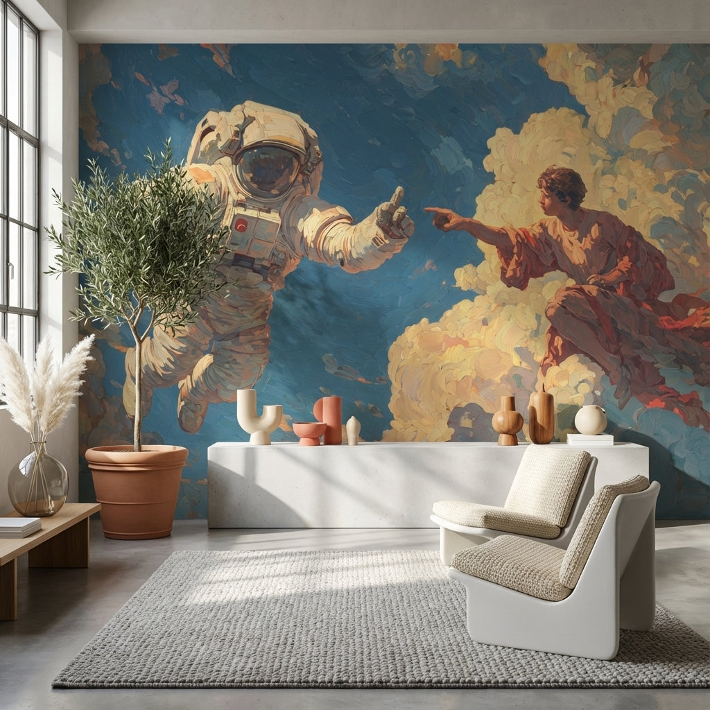 Astronot Temalı Poster Duvar Kağıdı Mavi Bulutlu Modern Tasarım
