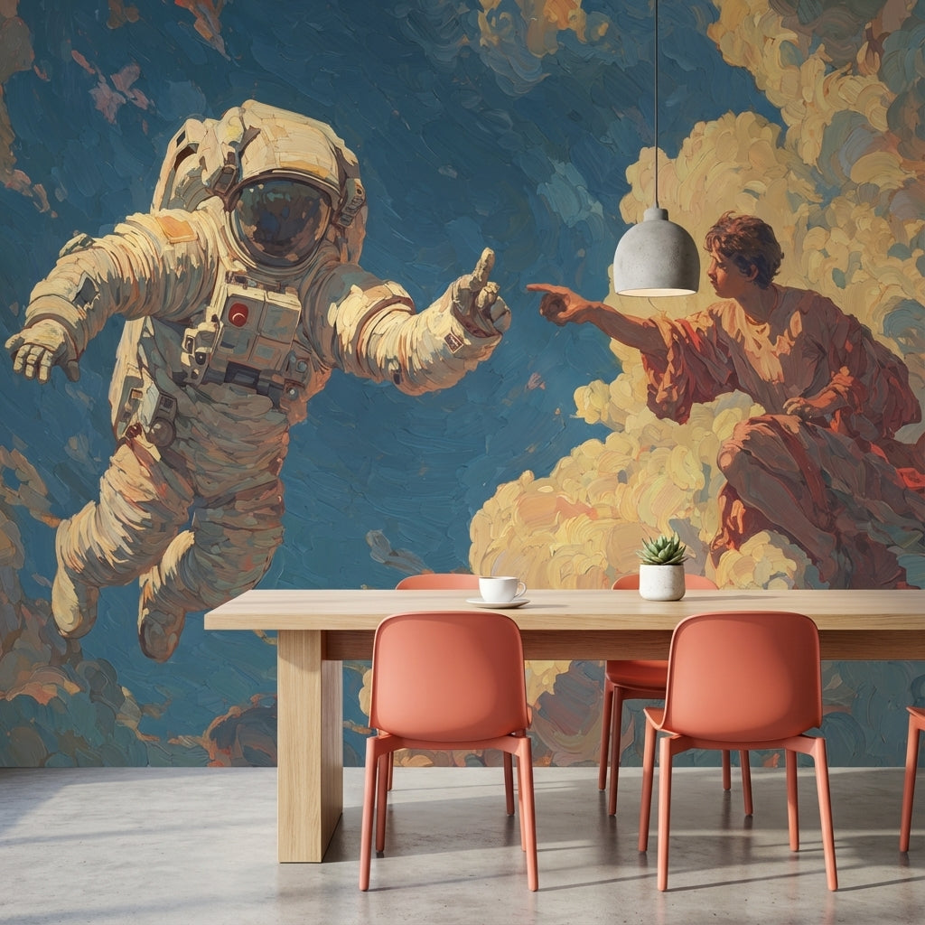 Astronot Temalı Poster Duvar Kağıdı Mavi Bulutlu Modern Tasarım