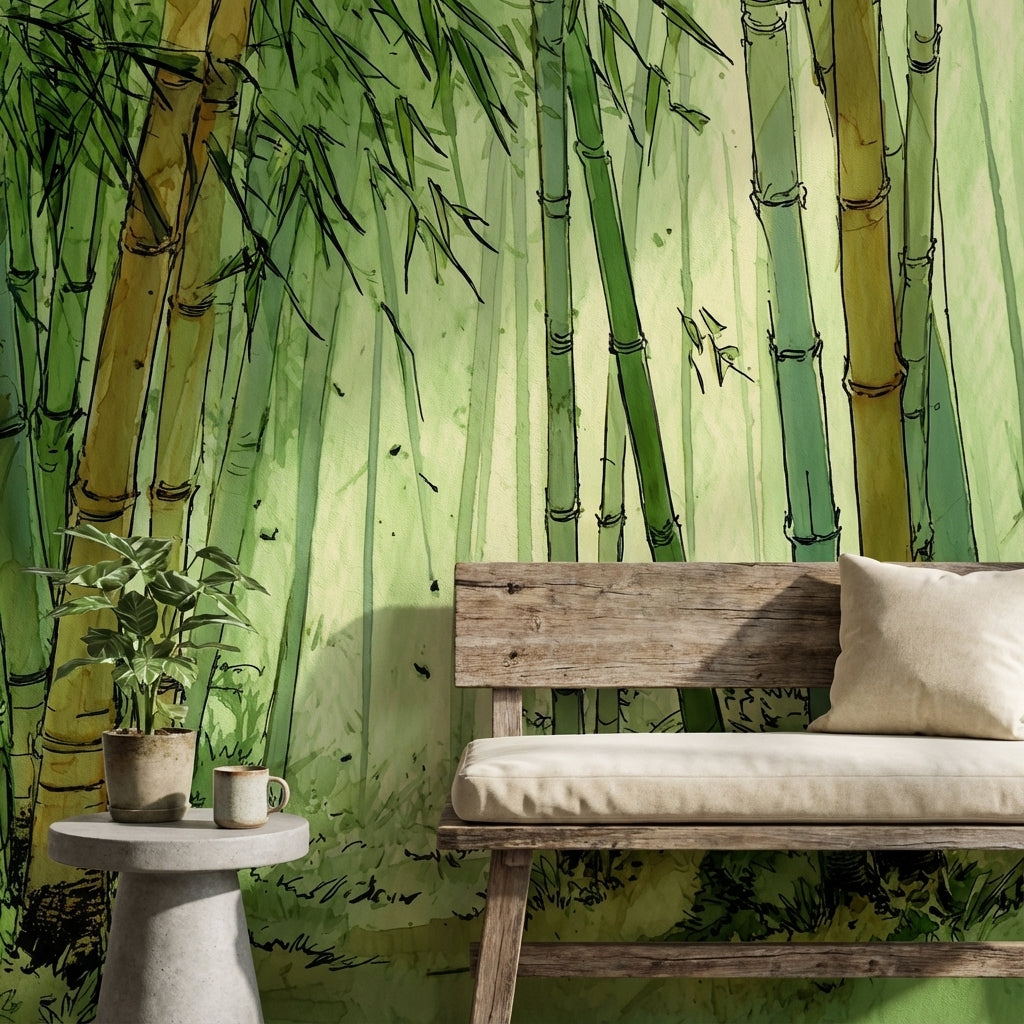 Bambu Ormanı Poster Duvar Kağıdı Yeşil Suluboya Salon