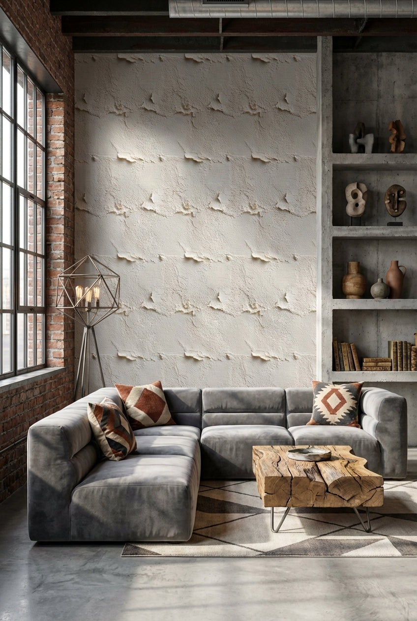Sıva Görünümlü Duvar Kağıdı Bej Endüstriyel Salon Duvarı
