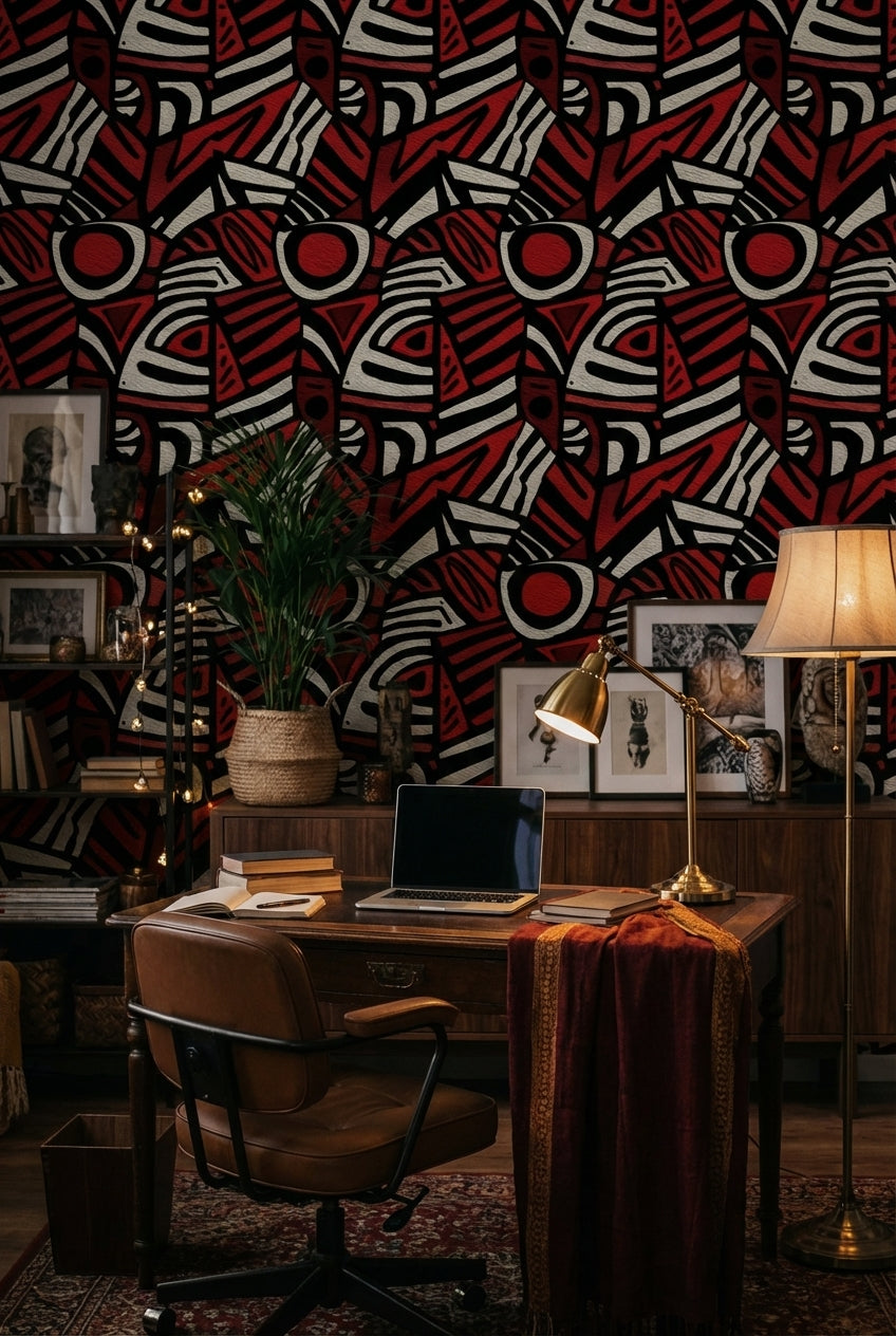 Geometrik Soyut Duvar Kağıdı Kırmızı Siyah Modern Desen