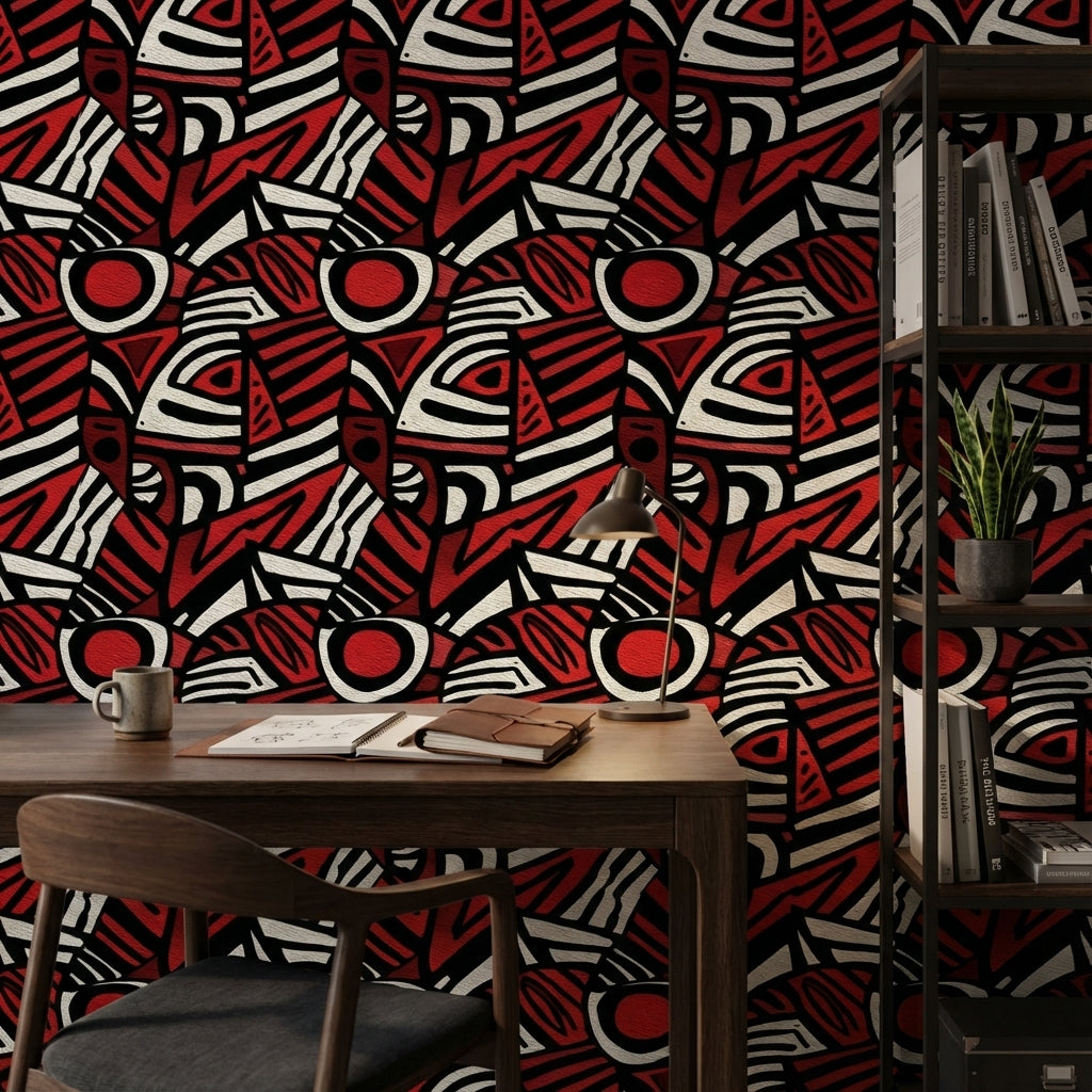 Geometrik Soyut Duvar Kağıdı Kırmızı Siyah Modern Desen