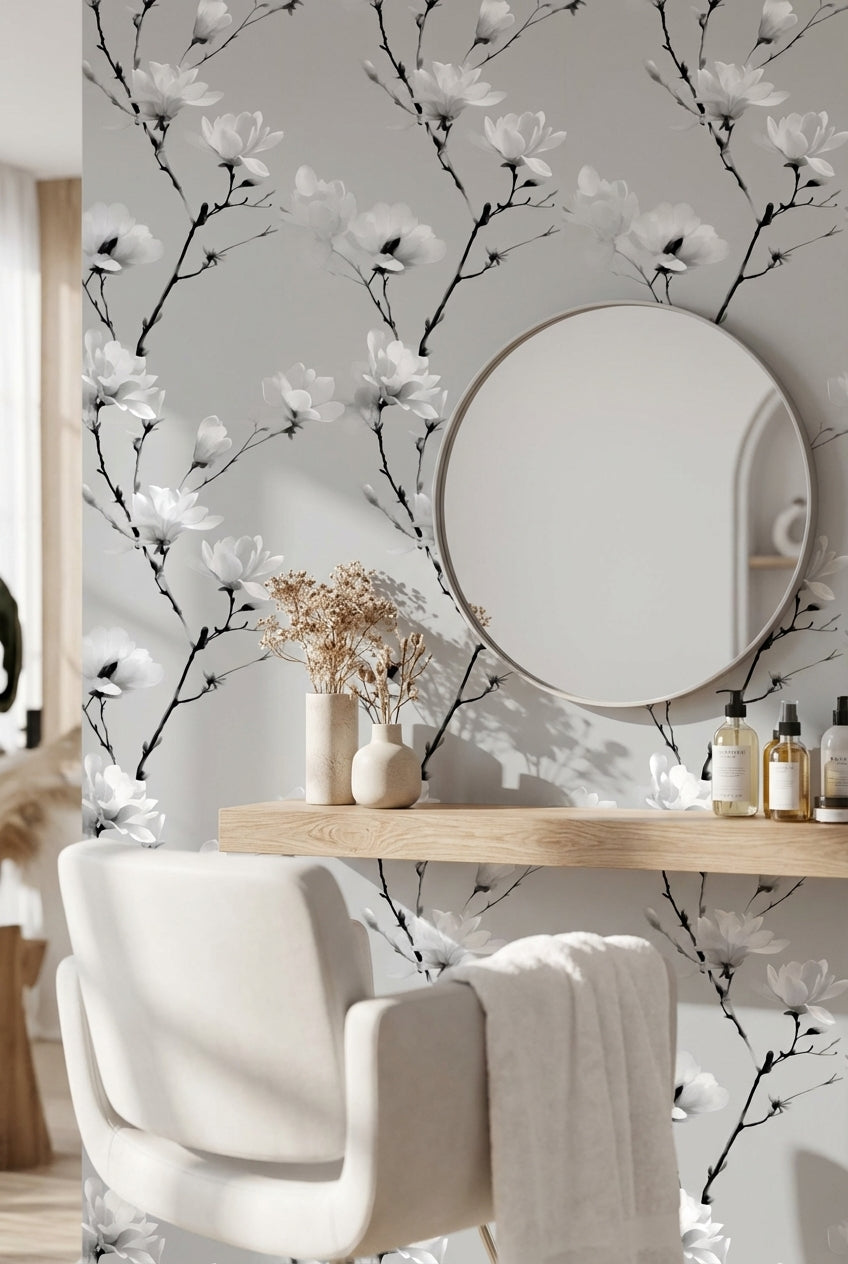 Gri Zeminde Beyaz Manolya Çiçekli Duvar Kağıdı Salon