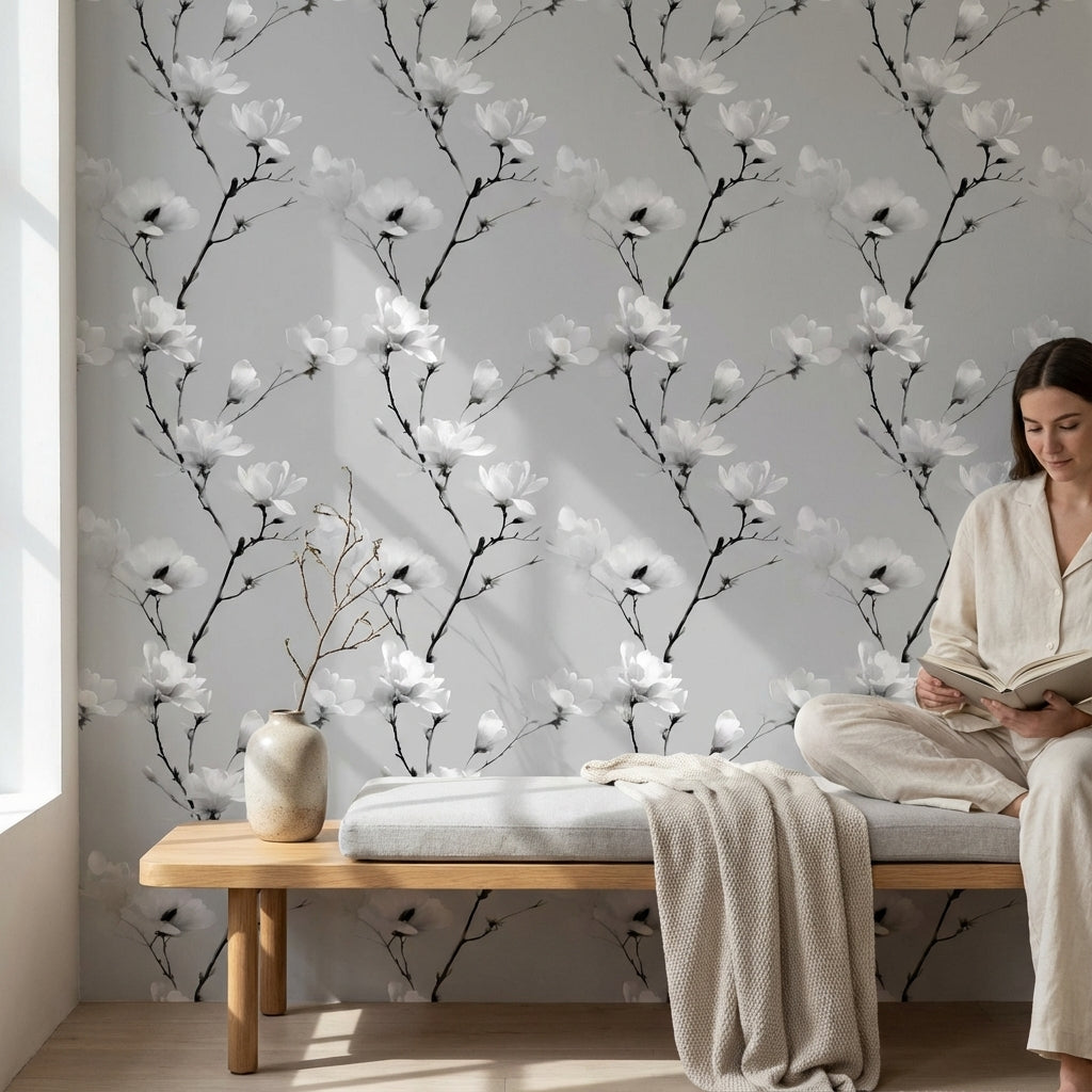 Gri Zeminde Beyaz Manolya Çiçekli Duvar Kağıdı Salon