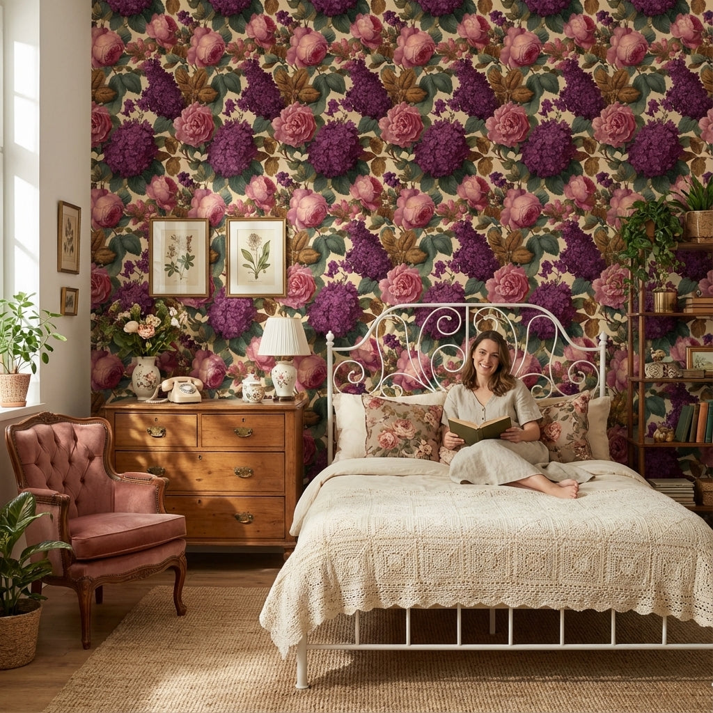Güllü Ortancalı Duvar Kağıdı Mor Çiçek Desenli Salon