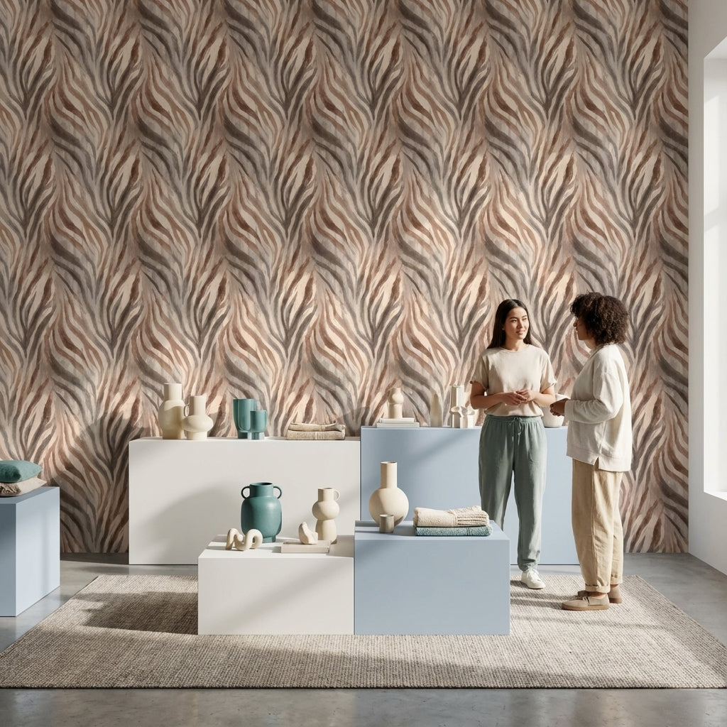 Zebra Desenli Duvar Kağıdı Bej Kahverengi Modern Salon