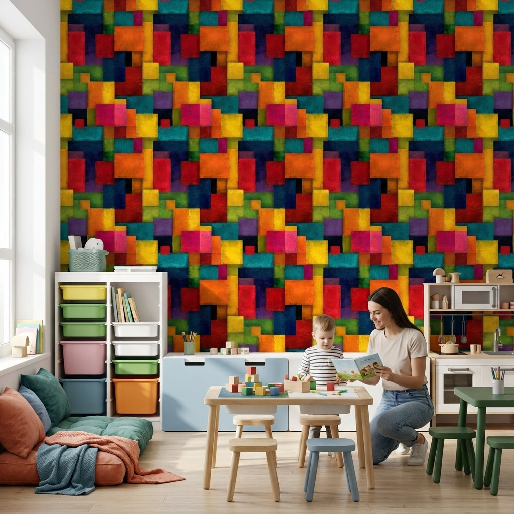 Renkli Geometrik Duvar Kağıdı Soyut Kare Desenli Modern