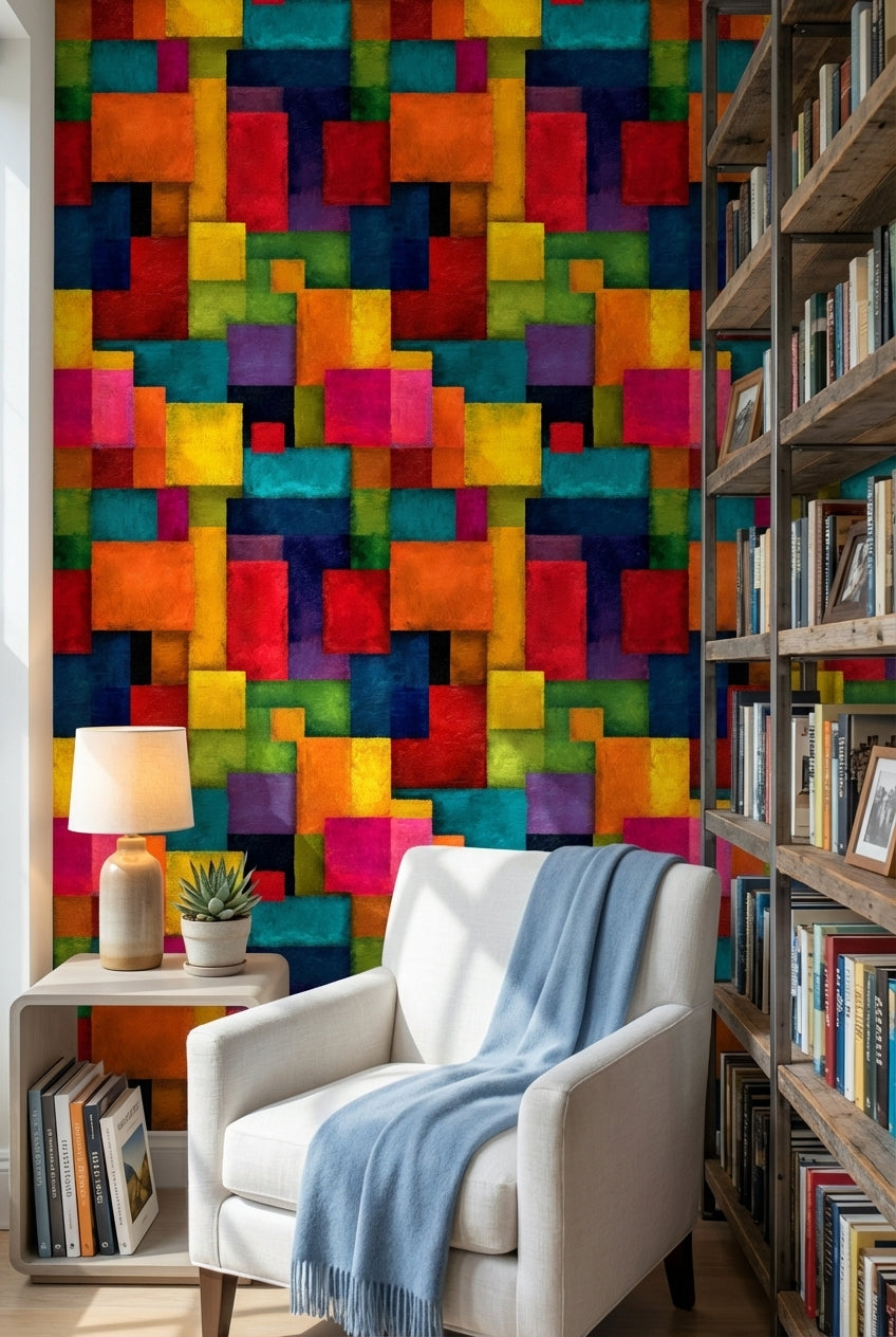 Renkli Geometrik Duvar Kağıdı Soyut Kare Desenli Modern