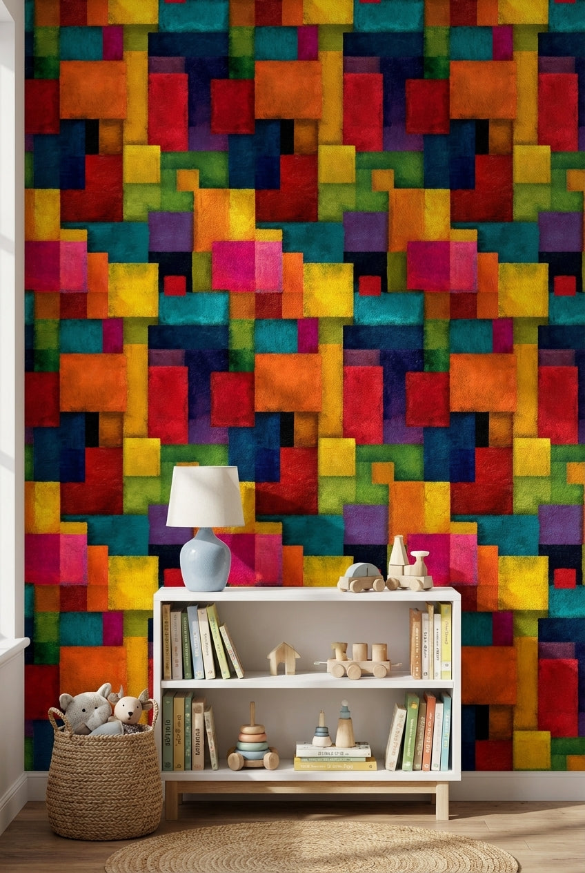 Renkli Geometrik Duvar Kağıdı Soyut Kare Desenli Modern
