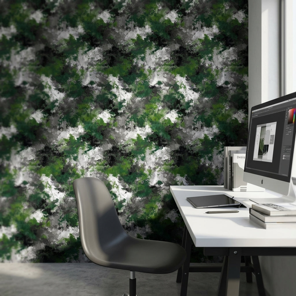 Yeşil Siyah Soyut Desenli Duvar Kağıdı Modern Salon