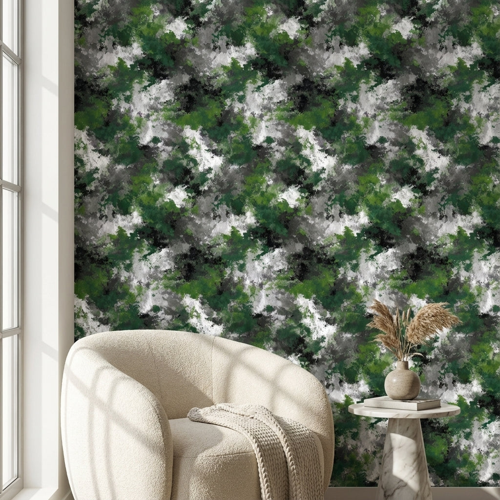 Yeşil Siyah Soyut Desenli Duvar Kağıdı Modern Salon