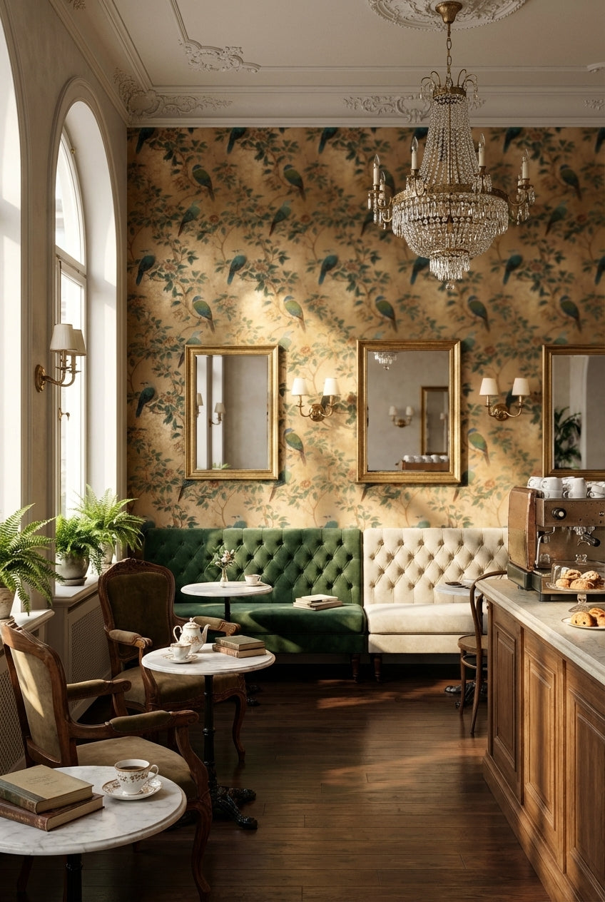 Kuş ve Çiçek Desenli Duvar Kağıdı Bej Vintage Salon