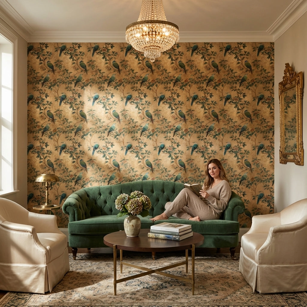 Kuş ve Çiçek Desenli Duvar Kağıdı Bej Vintage Salon