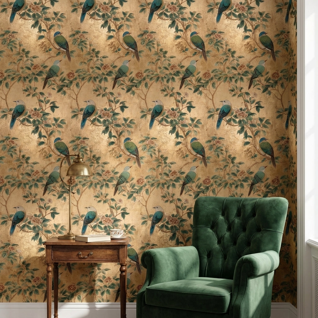 Kuş ve Çiçek Desenli Duvar Kağıdı Bej Vintage Salon
