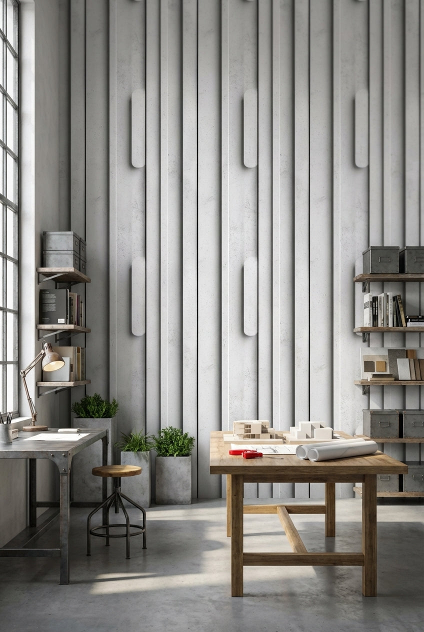 Beton Görünümlü Geometrik Duvar Kağıdı Gri Modern Salon