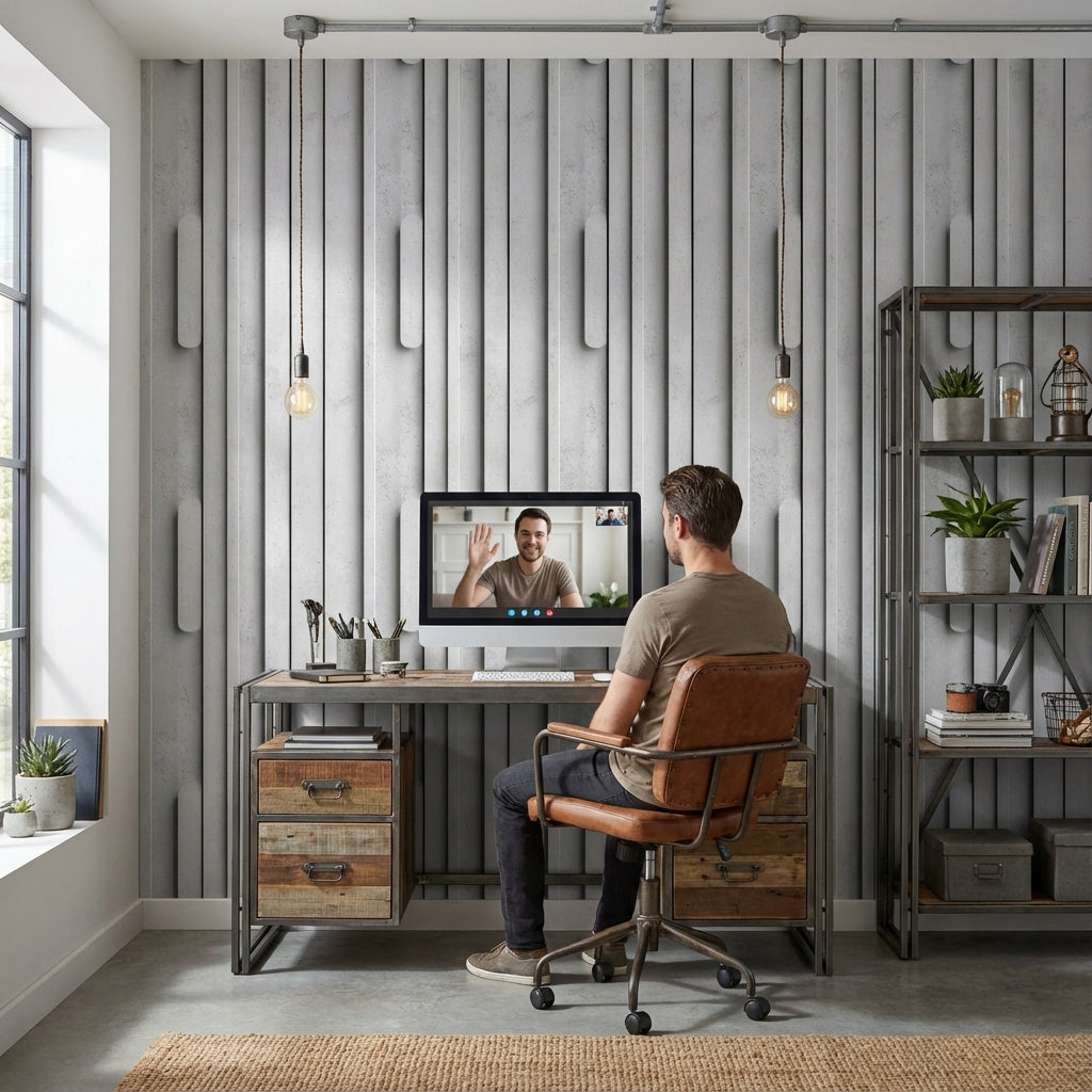 Beton Görünümlü Geometrik Duvar Kağıdı Gri Modern Salon