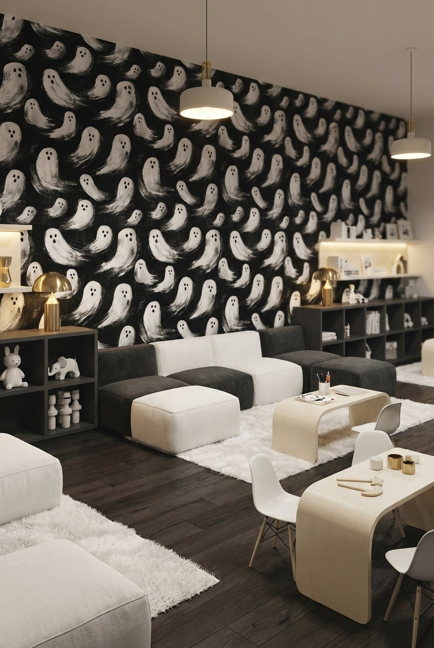 Hayalet Desenli Duvar Kağıdı Siyah Beyaz Tekrarlı Modern