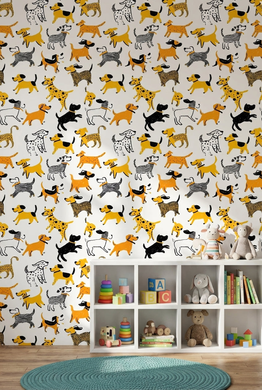 Köpek Desenli Duvar Kağıdı Sarı Siyah Çocuk Odası