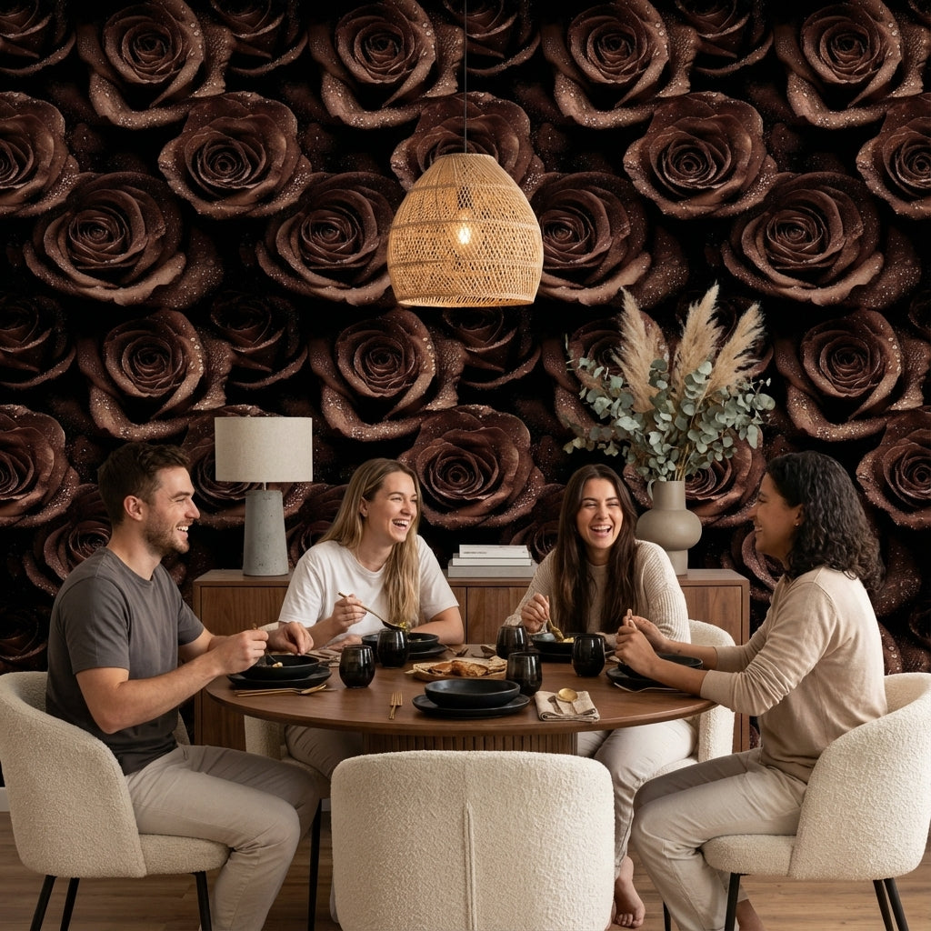 Kahverengi Gül Desenli Duvar Kağıdı Koyu Çiçekli Salon