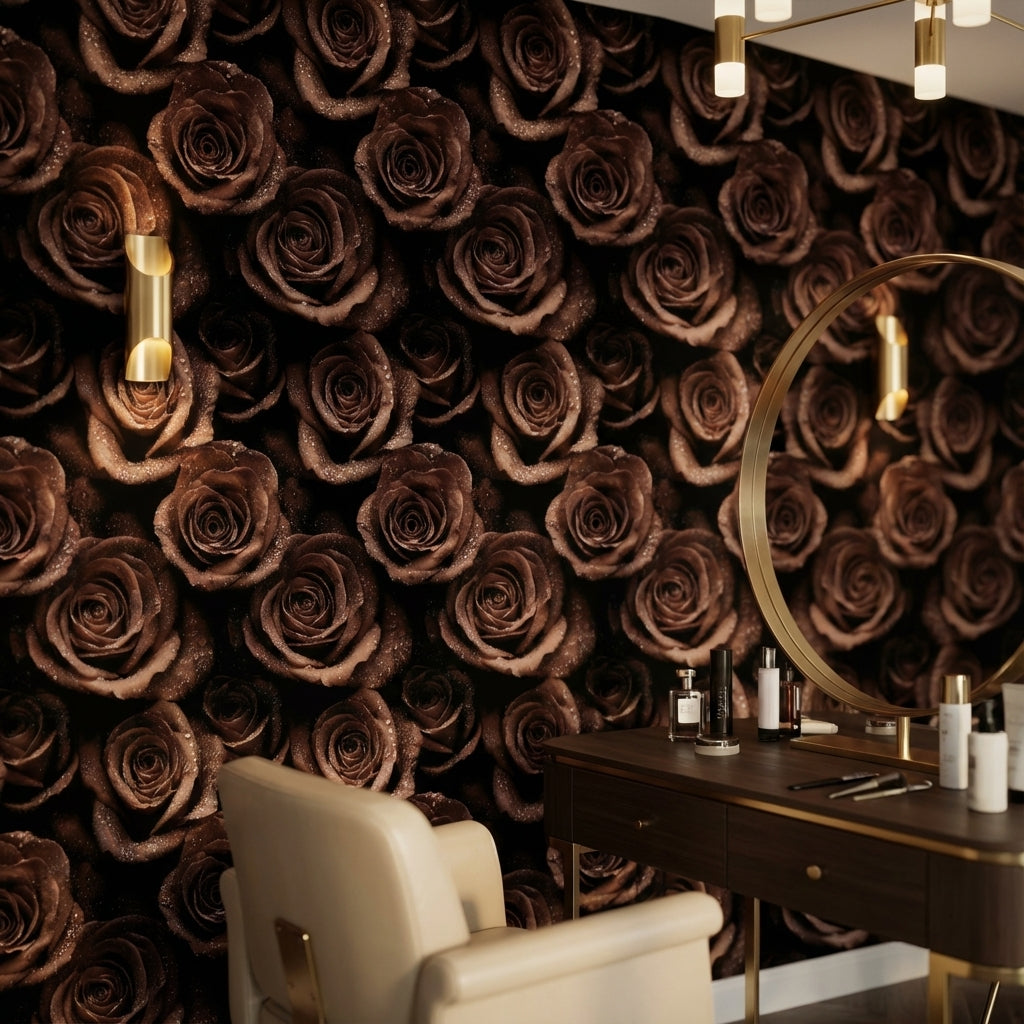 Kahverengi Gül Desenli Duvar Kağıdı Koyu Çiçekli Salon