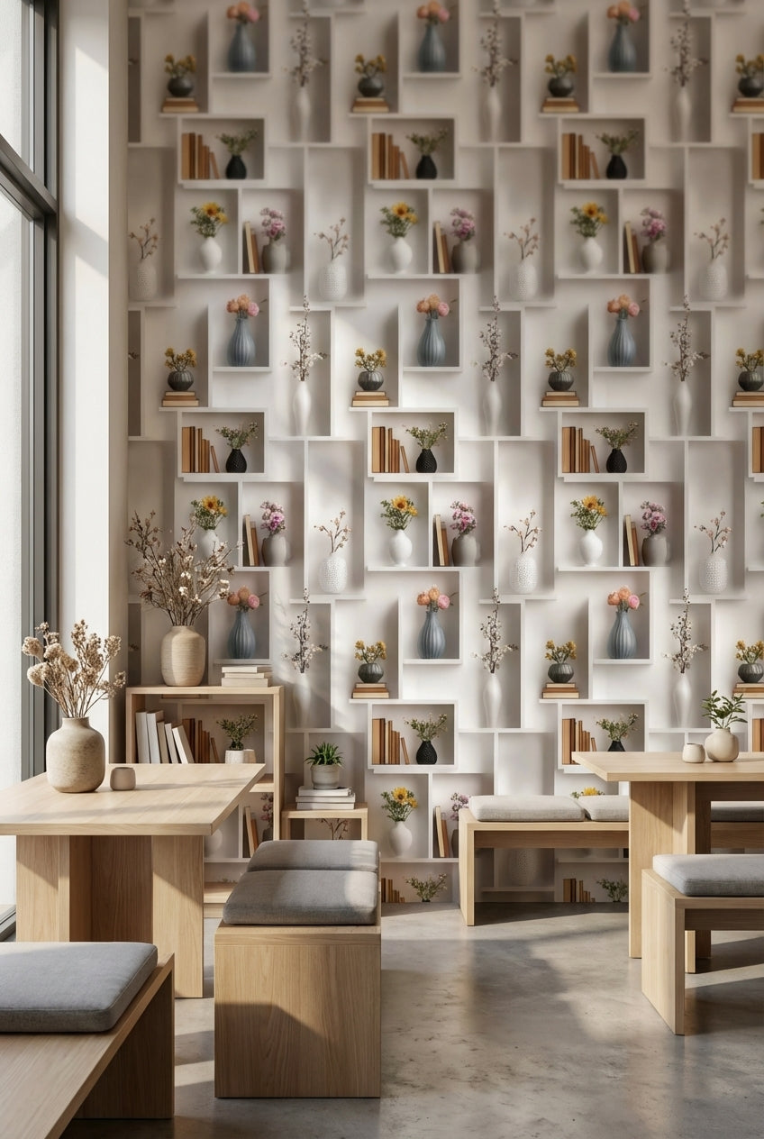 Kitaplık ve Vazo Desenli Duvar Kağıdı Krem Salon