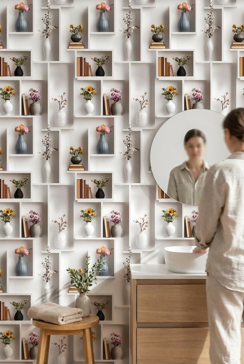 Kitaplık ve Vazo Desenli Duvar Kağıdı Krem Salon