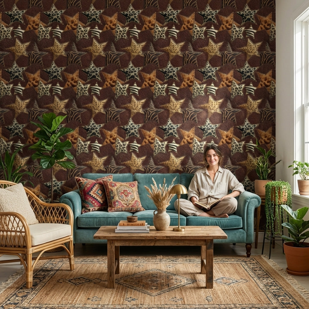 Leopar Zebra Desenli Duvar Kağıdı Kahverengi Modern Salon