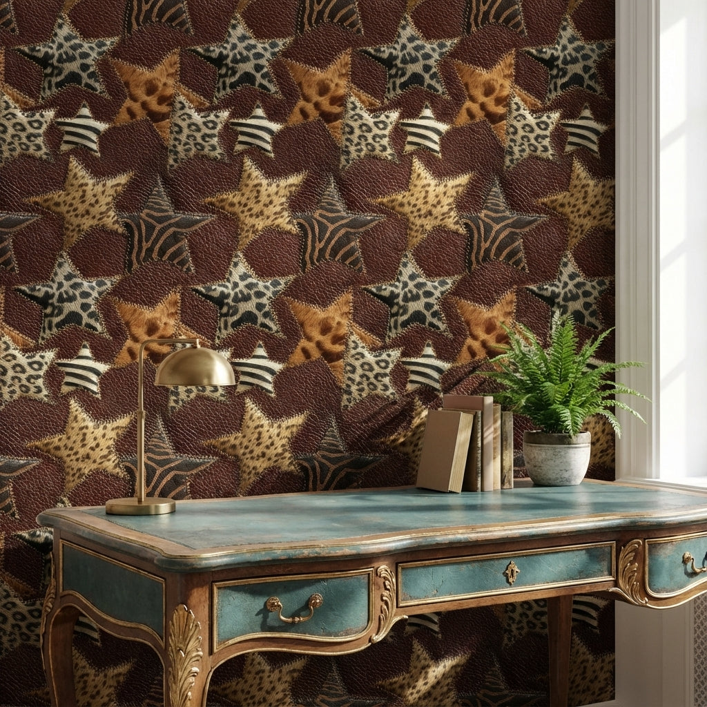 Leopar Zebra Desenli Duvar Kağıdı Kahverengi Modern Salon