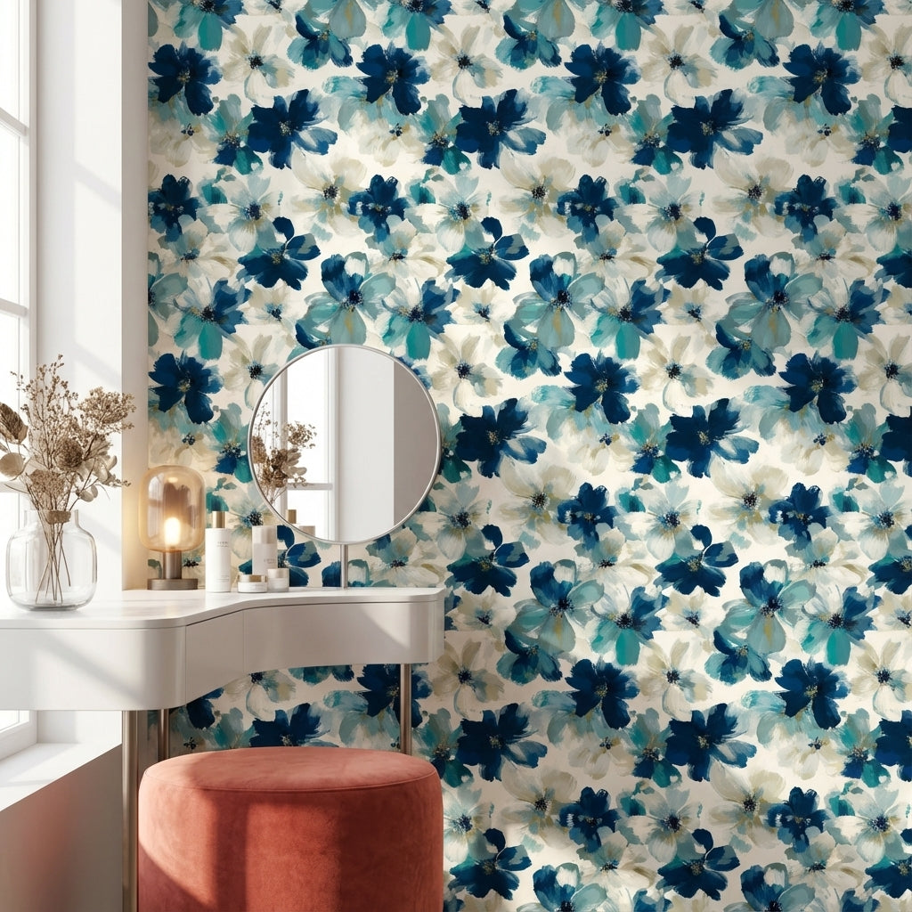 Mavi Çiçek Desenli Duvar Kağıdı Sulu Boya Görünümlü Salon