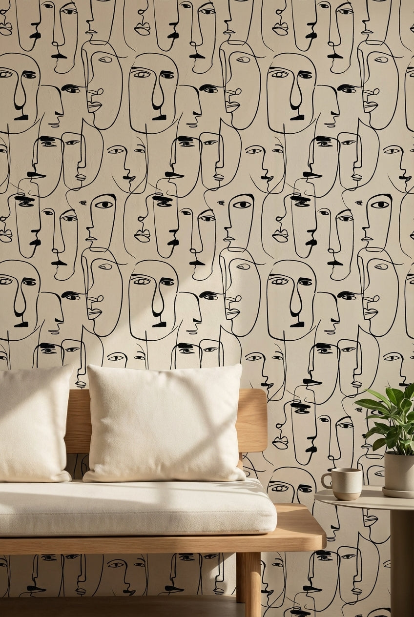 Soyut Yüz Çizimli Duvar Kağıdı Bej Siyah Modern Salon