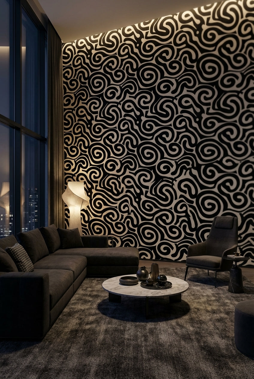 Siyah Beyaz Soyut Kıvrımlı Desenli Duvar Kağıdı Modern