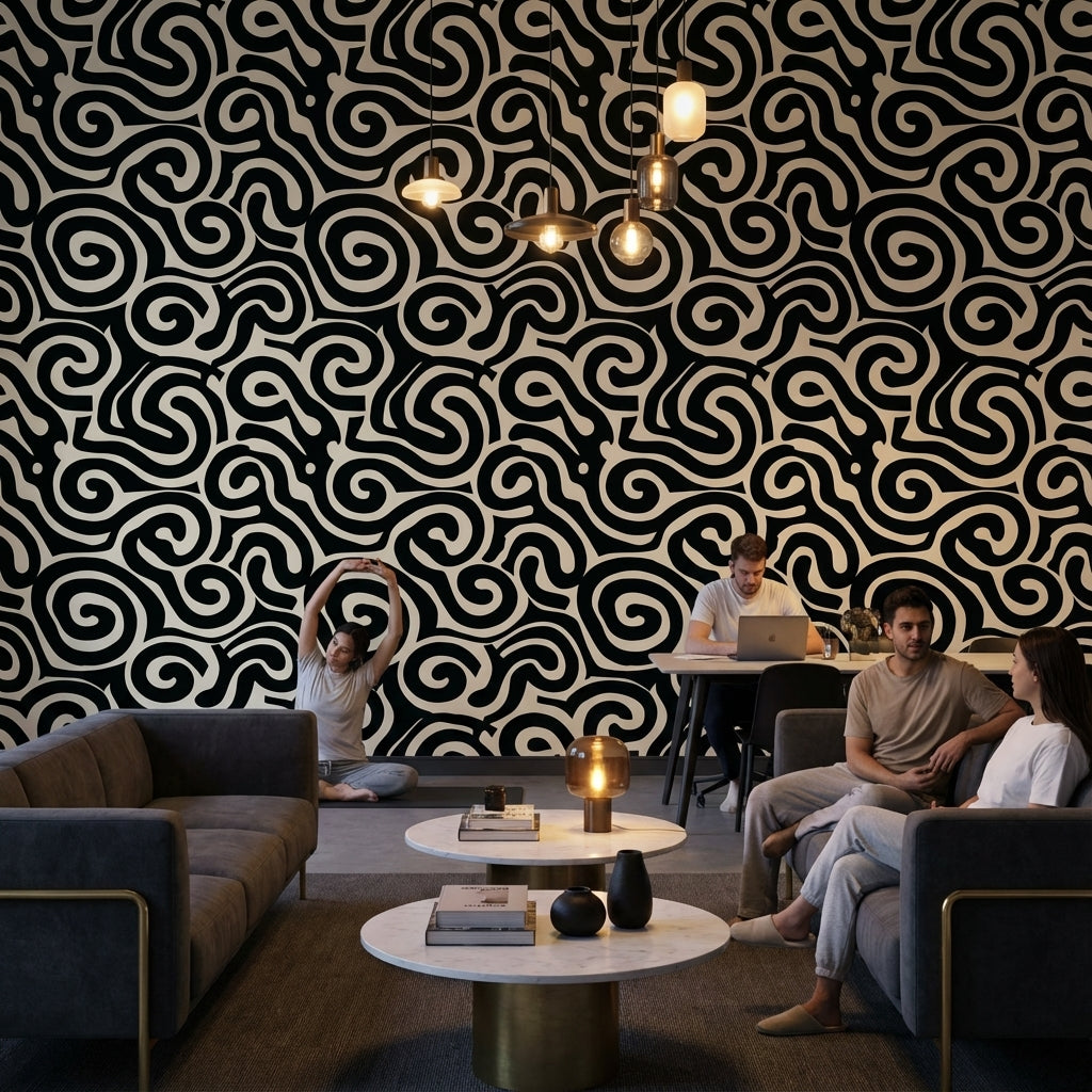 Siyah Beyaz Soyut Kıvrımlı Desenli Duvar Kağıdı Modern