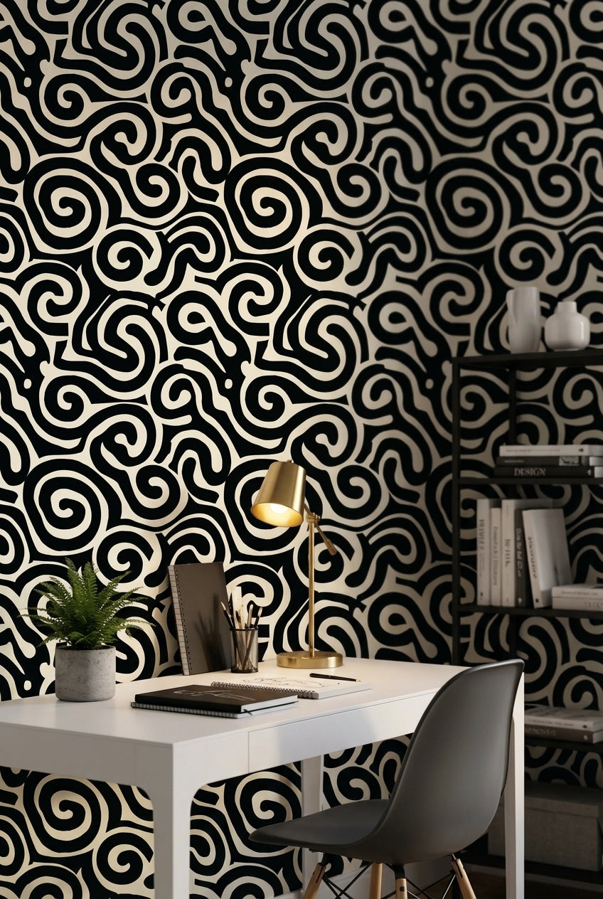 Siyah Beyaz Soyut Kıvrımlı Desenli Duvar Kağıdı Modern