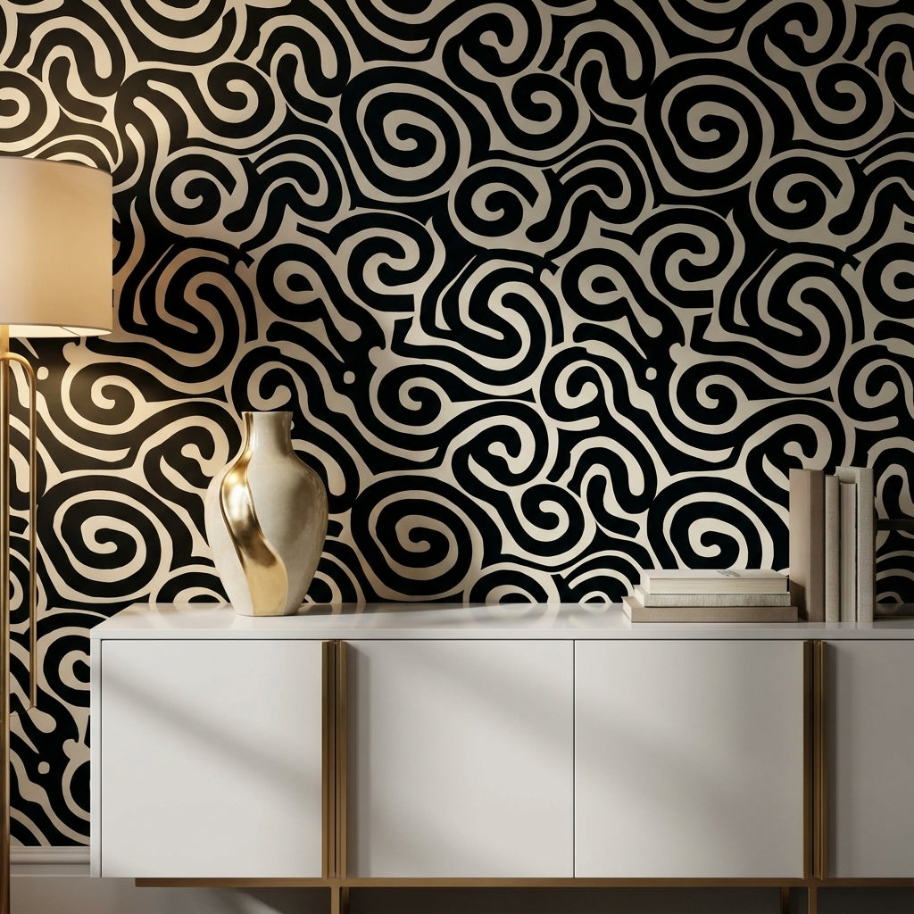 Siyah Beyaz Soyut Kıvrımlı Desenli Duvar Kağıdı Modern