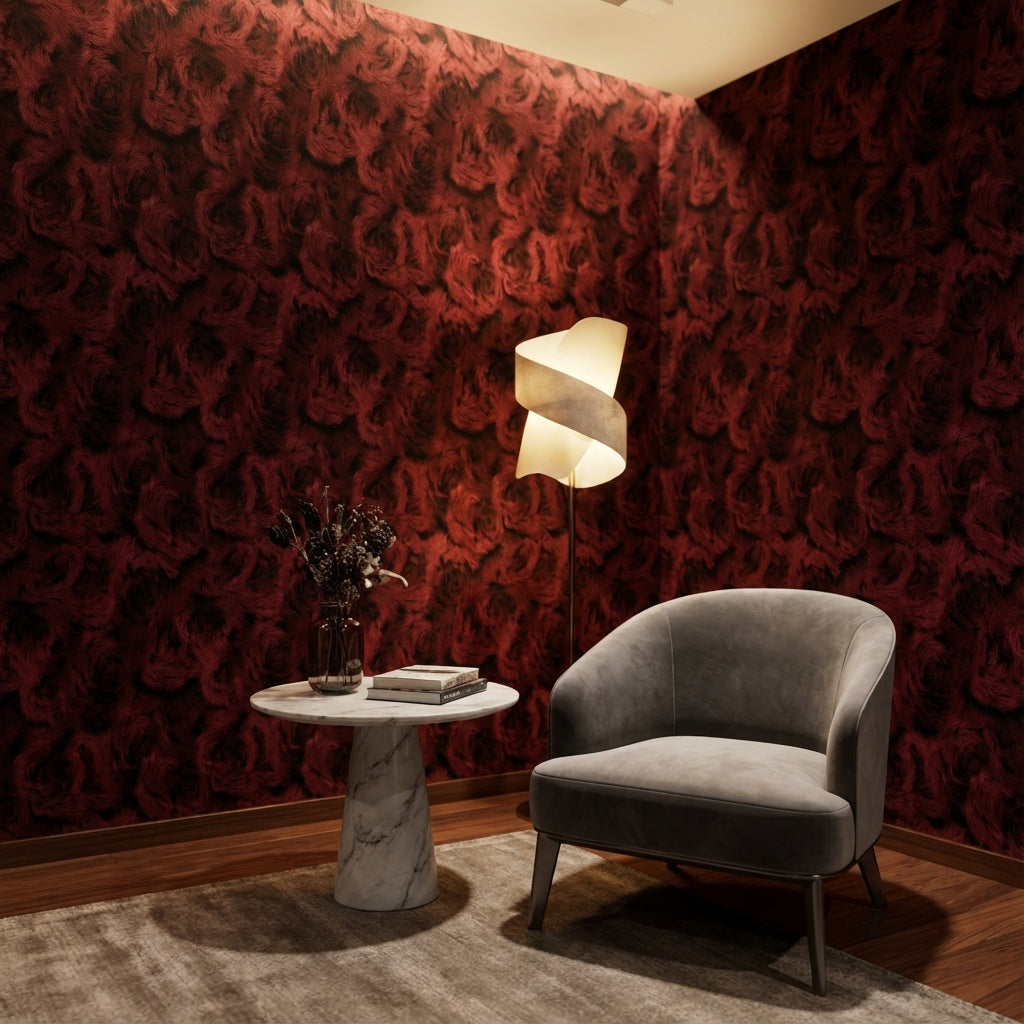 Bordo Gül Desenli Duvar Kağıdı Koyu Ton Salon Dekoru