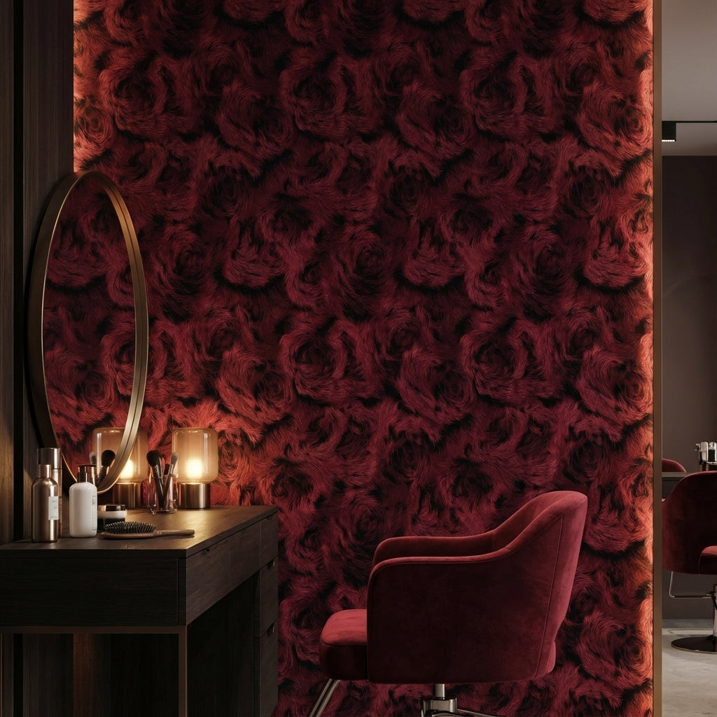 Bordo Gül Desenli Duvar Kağıdı Koyu Ton Salon Dekoru