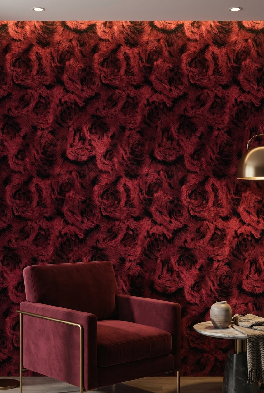 Bordo Gül Desenli Duvar Kağıdı Koyu Ton Salon Dekoru