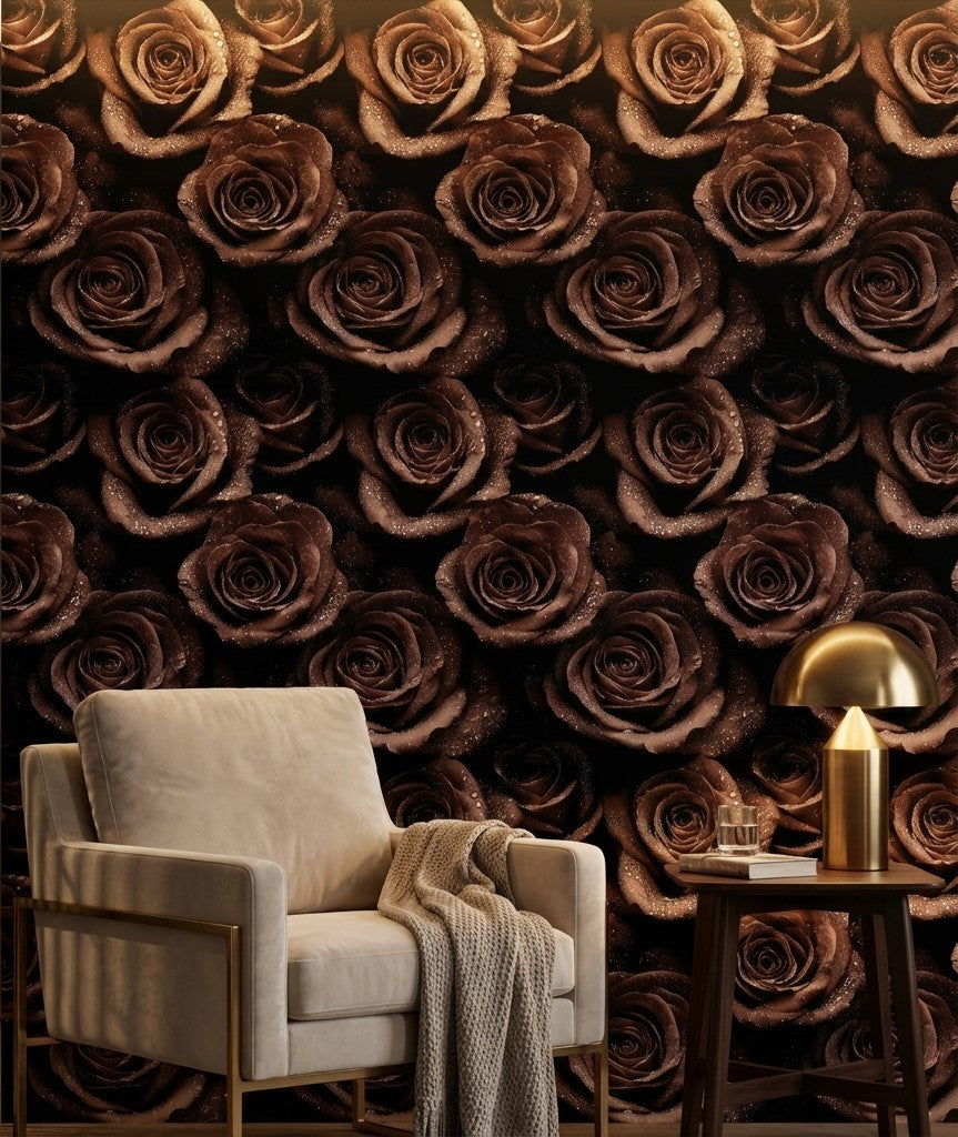 Kahverengi Gül Desenli Duvar Kağıdı Koyu Çiçekli Salon