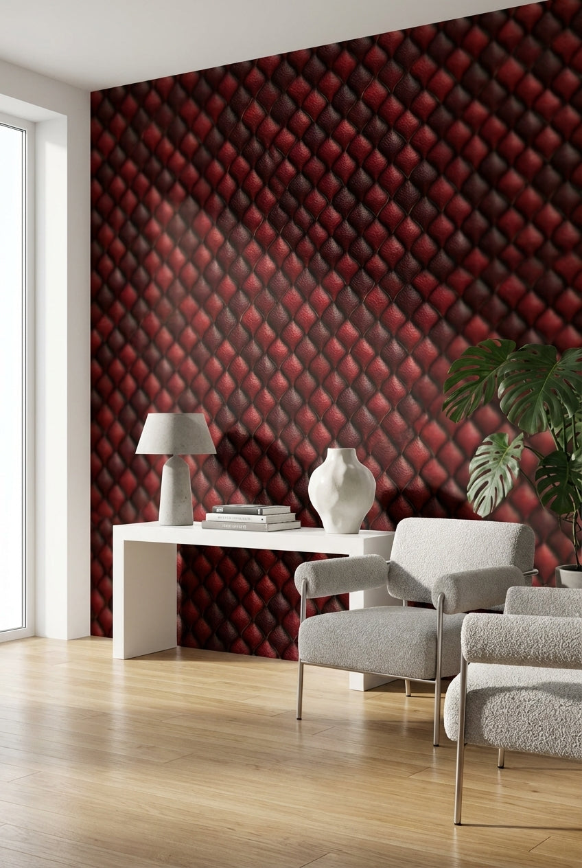 Kırmızı Kapitone Deri Görünümlü Duvar Kağıdı Modern Salon