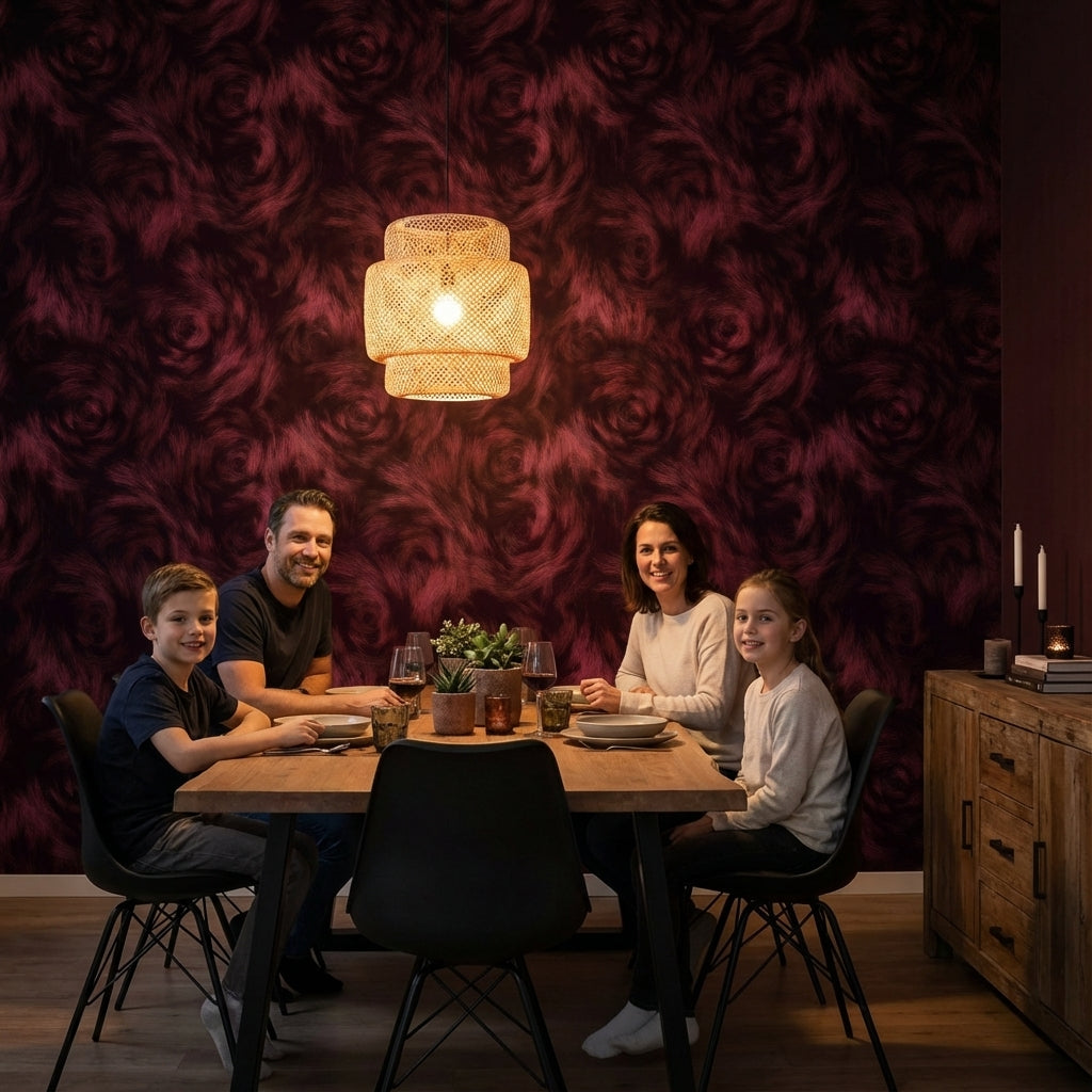 Bordo Gül Desenli Duvar Kağıdı Koyu Romantik Salon